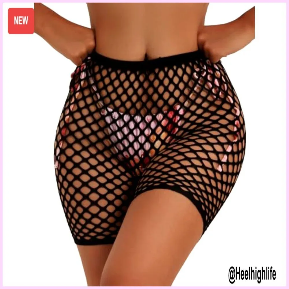 Fishnet Mesh Biker Shorts High Waist Swim Cover Up One Size